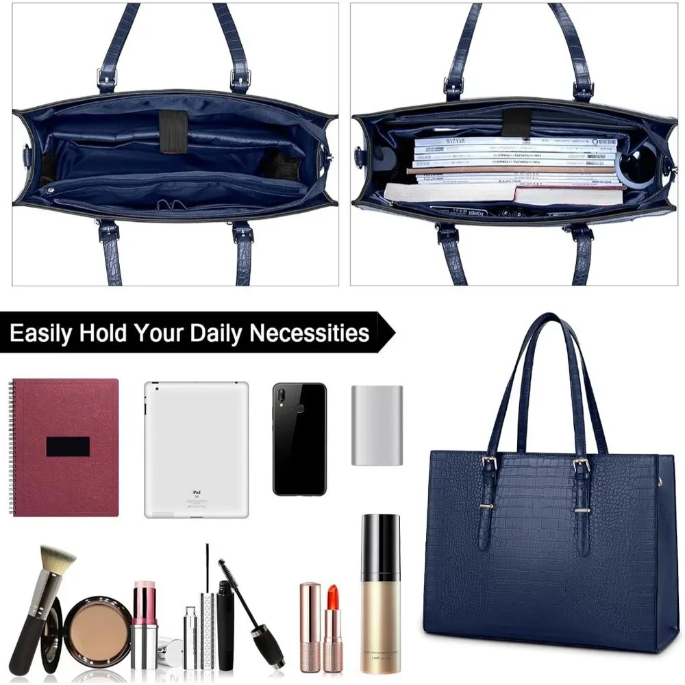 〽️Women Blue Leather Waterproof Professional Shoulder Bag 15.6 Inch Laptop Bag